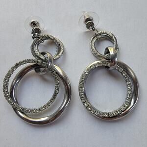 Silver Rhinestone Hoop Dangle Earrings Triple Circle Drop Vintage Jewelry
